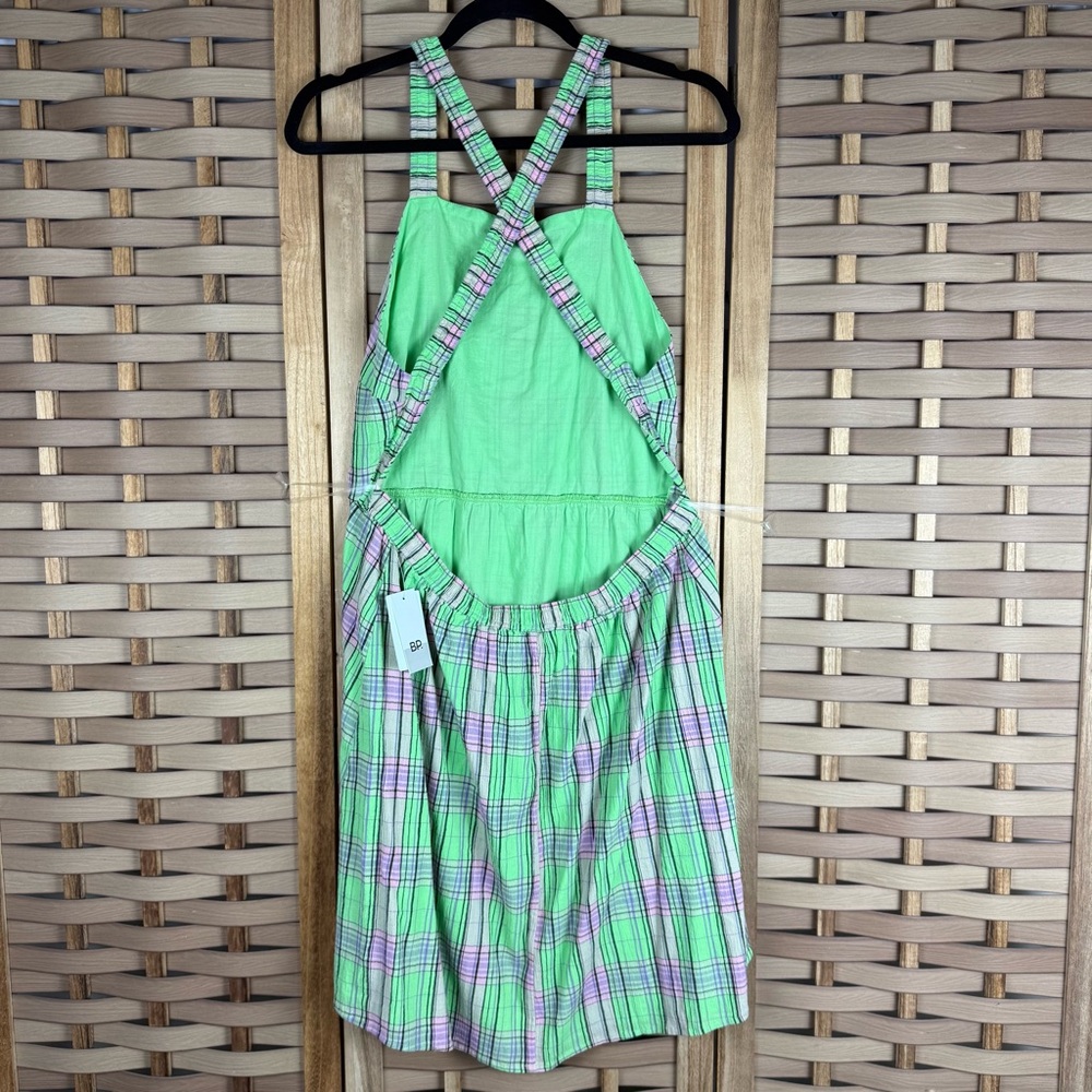 BP NORDSTROM Plaid Apron Overall Criss Cross Open Low Back Mini Dress